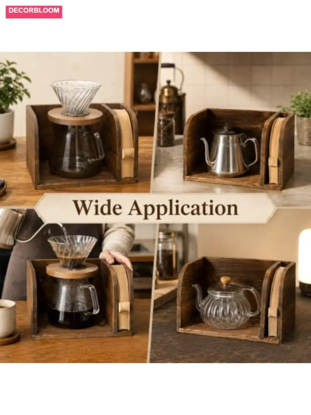 Solid Wood Coffee Bar Organizer Station with Cord Hole for Kitchen Counter